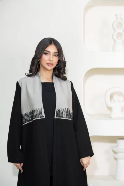 Black crepe abaya with hand embroidery C:IB317