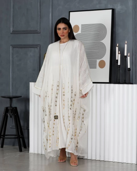 عباية بشت بخام لينن باللون الابيض مع شك يدوي IB137 white