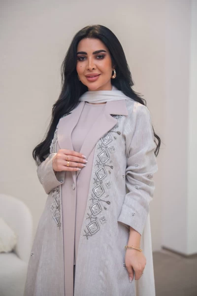 Beige linen and crepe blazer abaya with hand embroidery C:IB321