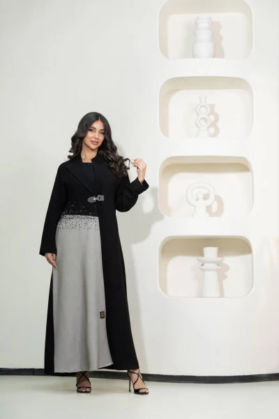 Black crepe blazer abaya with hand embroidery C:IB314