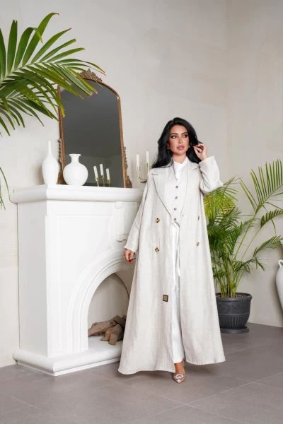 عباية بليزر بخام لينن الطبيعي باللون الابيض IB135 White