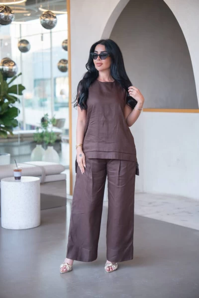 Brown Linen Blouse and Pants Set C:IB1091
