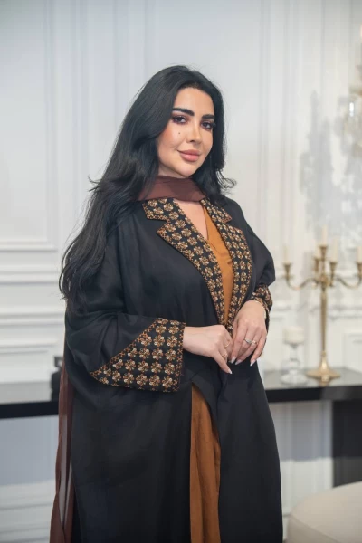 Black linen abaya with camel embroidery and details C:IB319
