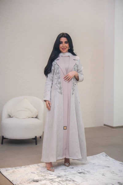 Beige linen and crepe blazer abaya with hand embroidery C:IB321