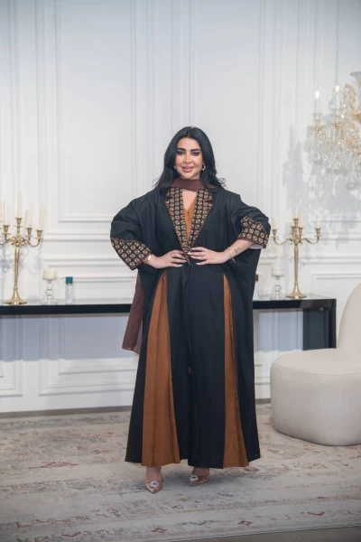 Black linen abaya with camel embroidery and details C:IB319
