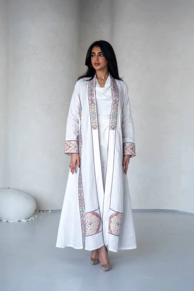 White Lenin Abaya with embroidery IB279 White