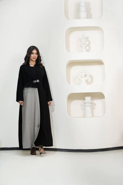 Black crepe blazer abaya with hand embroidery C:IB314