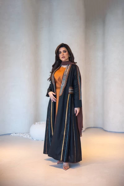 Black Linen Abaya with Embroidery C:IB293