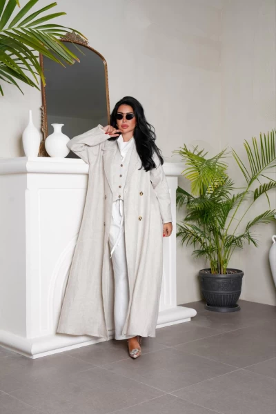 عباية بليزر بخام لينن الطبيعي باللون الابيض IB135 White